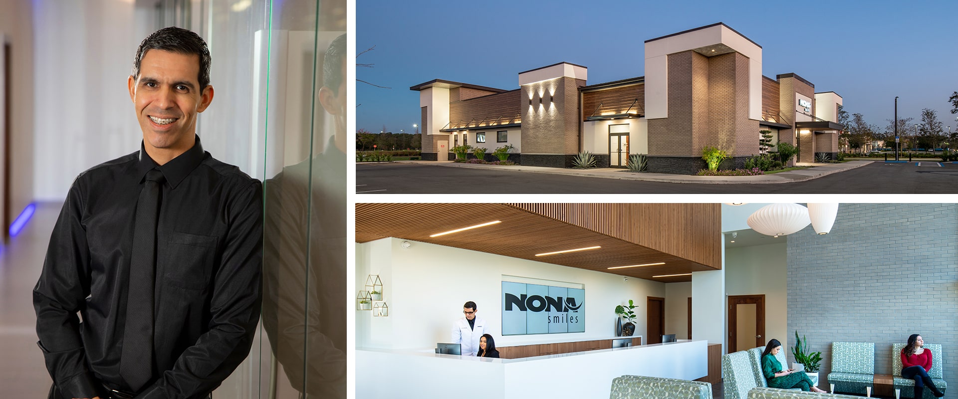 A collage of Dr. Carlos in action and the dental building of Nona Smiles
